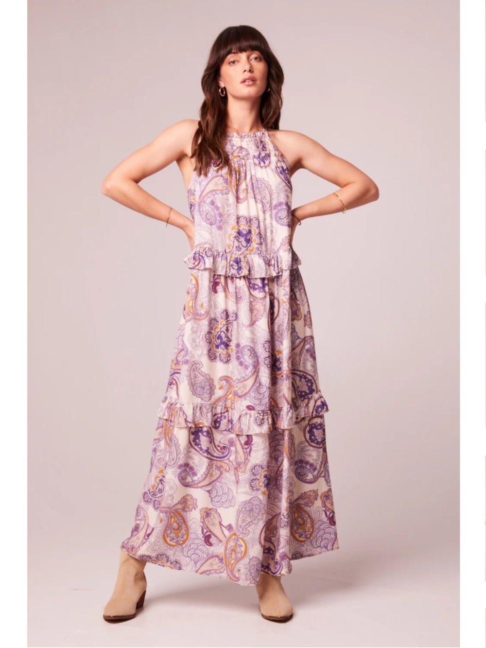 NWT: Band Of Gypsies Liliane Purple Paisley Tiered Maxi Dress• Small